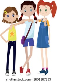 three girls friends stand and hug. They are glad to each other, so they smile.