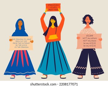 Three girls in full growth with a poster in their hands. Rally and protest in Iran, women's freedom. Vector isolated illustration in flat style