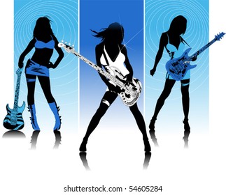 Three girls with guitars sing a song standing on the stage;