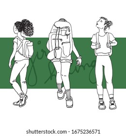 Three girls hiking. Set of vector illustration of women hiking. Hand drawn backpackers.