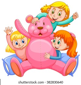 Three girls hugging pink teddy bear illustration