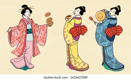 Three girls in kimono holding red bean cakes and gong, ukiyo-e style illustration