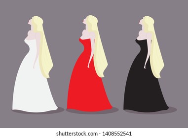 Three girls in long evening dresses red, white and black. Flat design. 