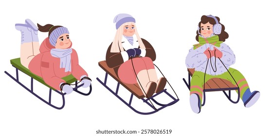 Three girls on a sled. Active outdoor activities in winter. Set of three illustrations.  Flat vector illustration. Eps10