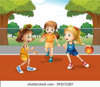 Three girls playing basketball in the court illustration