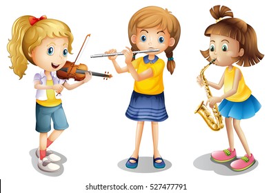 Three girls playing classical instruments illustration