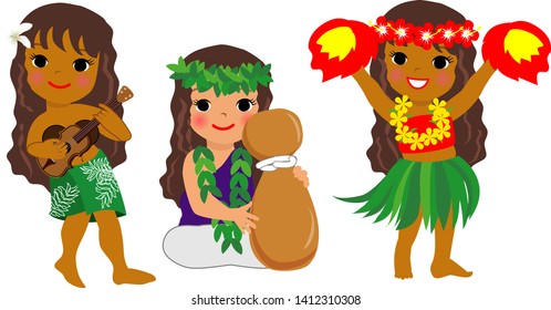 Three girls playing a hawaiian instrument