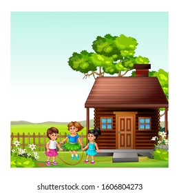 Three Girls Playing Jump Rope In Front of Wood House In Grass Field Cartoon