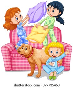 Three Girls Playing Pillow Fight At Slumber Party Illustration