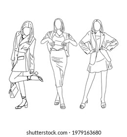 Three girls posing beautifully. Linear style. Vector illustration.