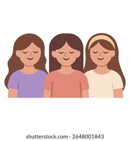 Three girls praying together. Vector illustration