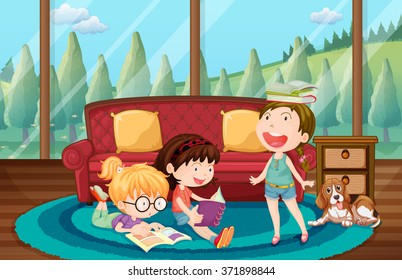 Three girls reading book in the living room illustration