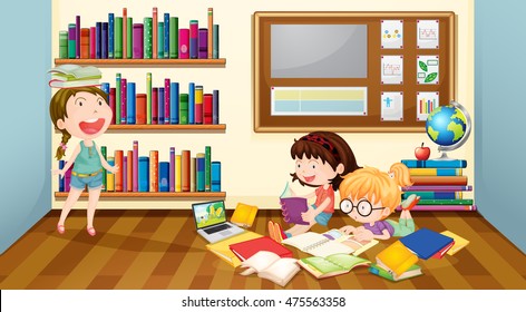 Three Girls Reading Books In Room Illustration