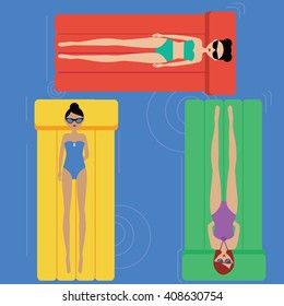 Three girls relaxing on the swimming mattresses in sunglasses. Vector flat illustration. Three fashion slim girls in the hotel swimming pool, sea, lake, water in swimsuits. Girls lying in the sun