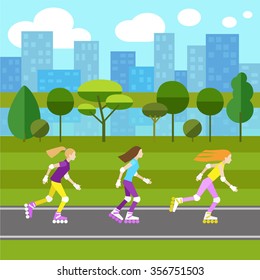 Three girls rollerblading in the park