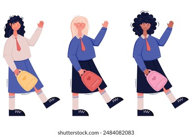 Three girls in school uniforms with backpacks and glasses, back to school flat character