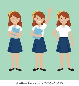 Three girls in school uniforms, one waving, one holding a book, and one standing with hands on hips.