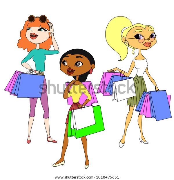 Three Girls Shopping Shopaholics Discounts Season Stock Vector (Royalty ...