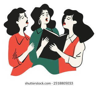 Three Girls Singing While Looking at a Book. Flat Vector Illustration
