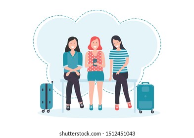 Three girls sitting in bench talking each other while waiting in airport vector illustration