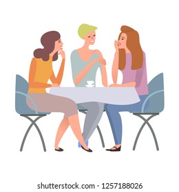  Three girls sitting in a cafe drinking coffee. Female friendly informal meeting, restaurant, chatting, lunch chatting together, team of colleagues spending time together. Vector flat style