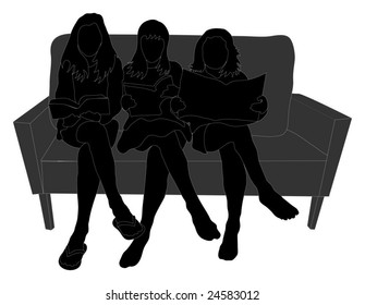 Three girls sitting on a couch reading - Vector