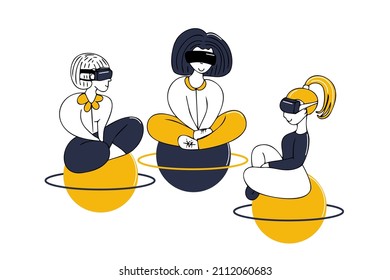 Three girls sitting on planets in virtual glasses and speaking