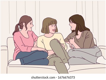 Las tres chicas están sentadas en el sofá y estrechando sus manos. ilustraciones de diseño vectorial de estilo dibujado a mano. 