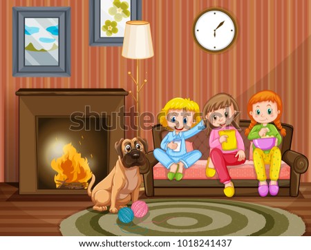Three girls sitting on sofa with pet dog illustration