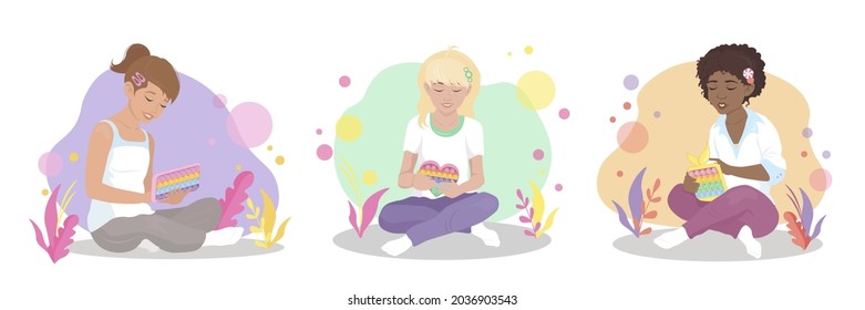 Three girls are sitting and playing with pop it toy. Concept of kids leisure and entertainment. Vector graphic illustration