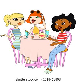 Three girls are sitting at a table. Three girls in a cafe. Girls resting.