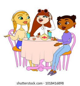 Three girls are sitting at a table. Three girls in a cafe. Girls resting.