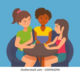 Three girls sitting at a table in a cafe. Looking at each other, holding smartphones, smiling. Happy leisure time. Friends gathering, togetherness. Vector cartoon illustration.