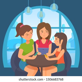 Three girls sitting at a table in a cafe. Looking at each other, holding smartphones, smiling. Happy leisure time. Friends gathering, togetherness. Vector cartoon illustration.