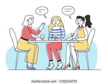 Three girls sitting at table in cafe and talking flat vector illustration. Happy friends hanging out and having lunch together. Friendship and communication concept