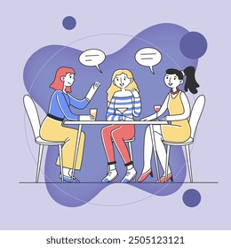 Three girls sitting at table in cafe and talking flat vector illustration. Happy friends hanging out and having lunch together. Friendship and communication concept