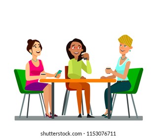 Three girls sitting at a table together talking to coffee break. Flat vector symbol illustrations vector illustrations in flat cartoon design style.
