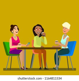 Three girls sitting at a table together talking to coffee break. Flat vector symbol illustrations vector illustrations in flat cartoon design style.