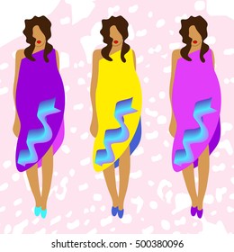 three girls sketch fashion summer dresses vector illustration