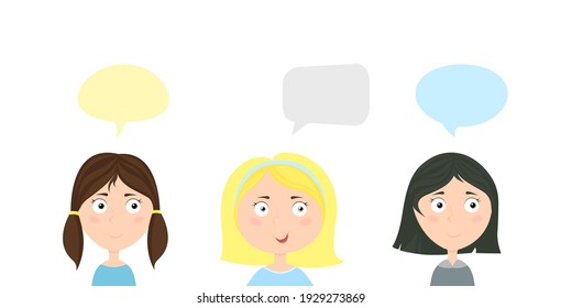 Three girls with speech bubble. Vector illustration isolated on white background