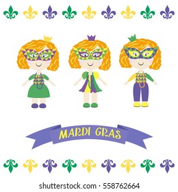 Three girls in suits for the holiday Mardi Gras