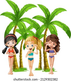 Three girls in swimsuits with palm trees illustration