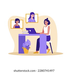 Three girls talking at video conference. Remote meeting for friends, colleagues, and family. Group communication online. Happy virtual companions. Vector flat illustration
