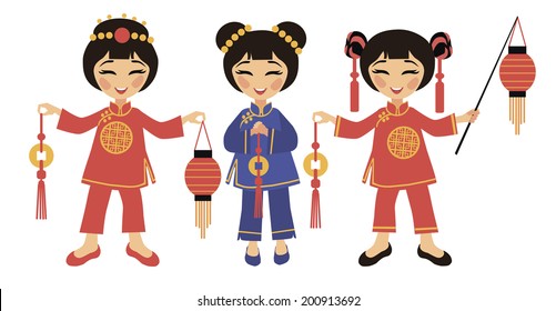 Three girls in traditional costumes celebrate Chinese New Year