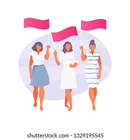 Three girls walking with banners posters. Modern vector illustration