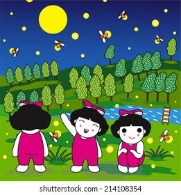 Three Girls Watching Fireflies On The Mountain Field At Night Illustration