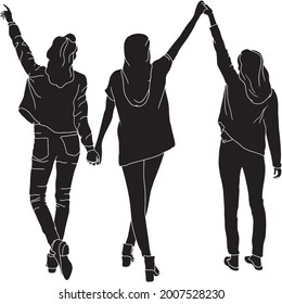 Three Girls Weaving Their Hands In The Air, The Silhouette Of People For Friendship Day. Hand-drawn Character Illustration Of Happy People.