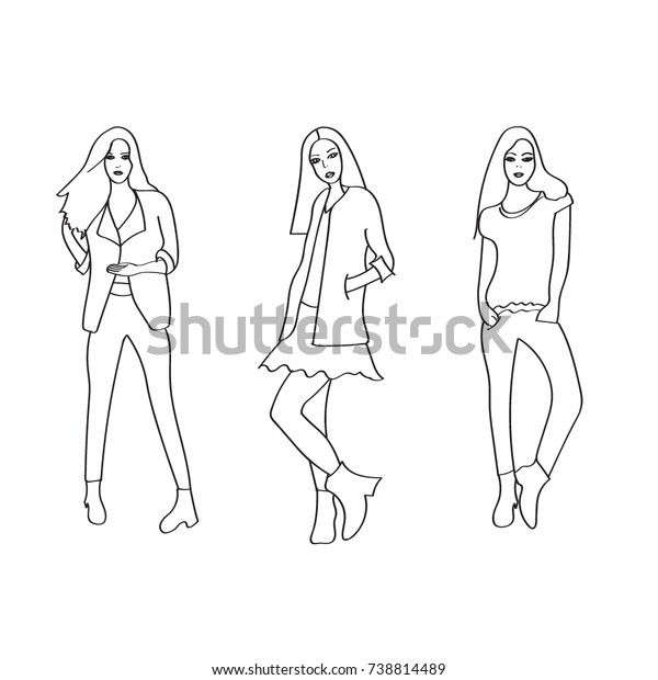 Three Girls Women Relaxed Poses Sketch Stock Vector (Royalty Free