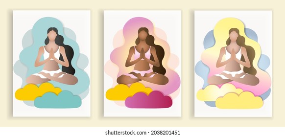 Three girls or women are sitting in the lotus position. Girls of different nationalities. Flat characters in the paper cut style technique on a white background.