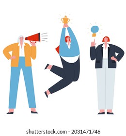 Three girls in the workflow - control, idea, getting a reward. Teamwork. Flat vector illustration of people